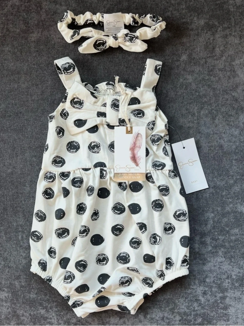 NWT Jessica Simpson Black Dot Bow Romper and Headband Size 12 Months